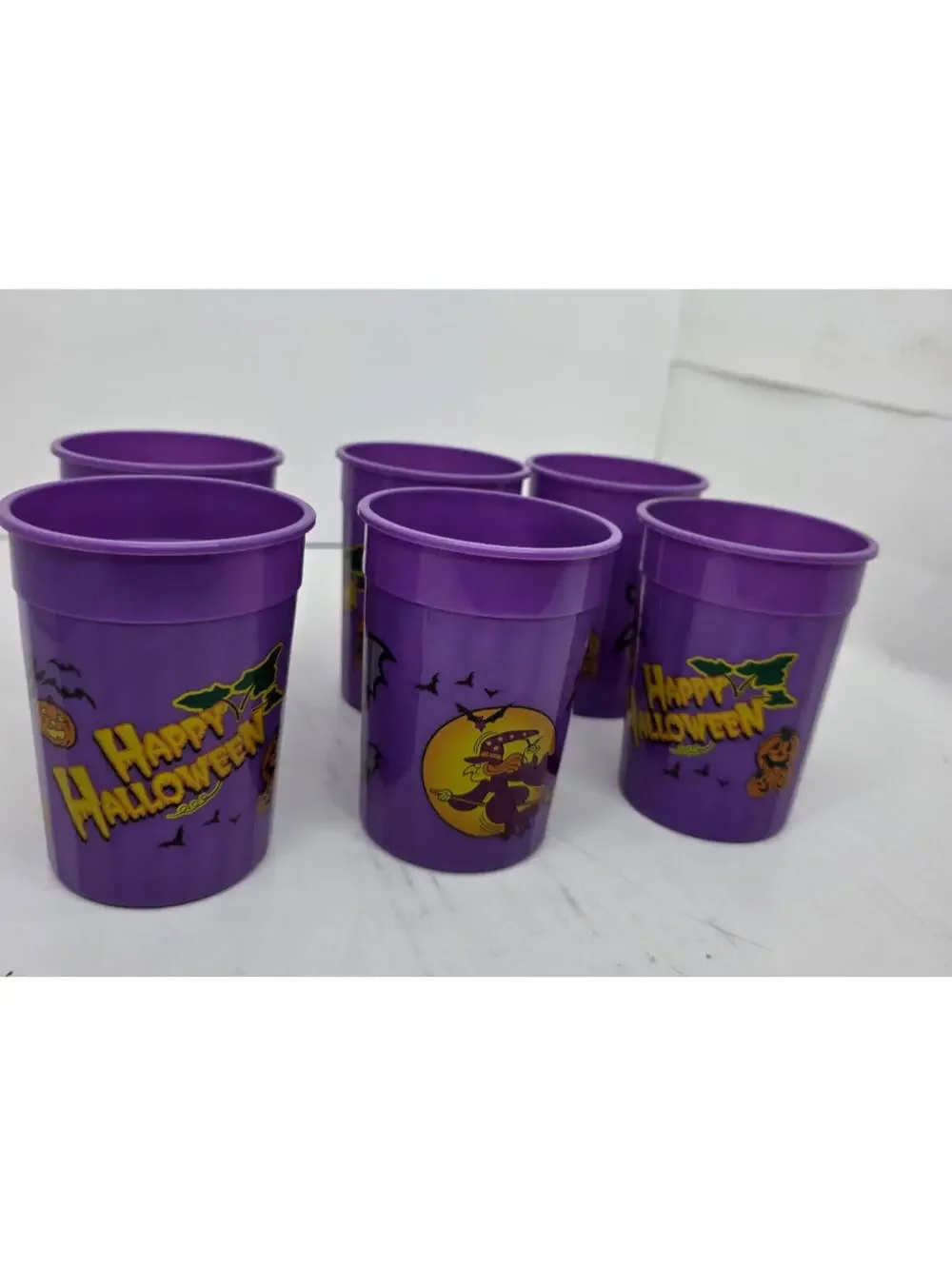 Halloween Plastic Drinking Cups 6 pc. Set Spooky Fun Spiders, Pumpkins Purple